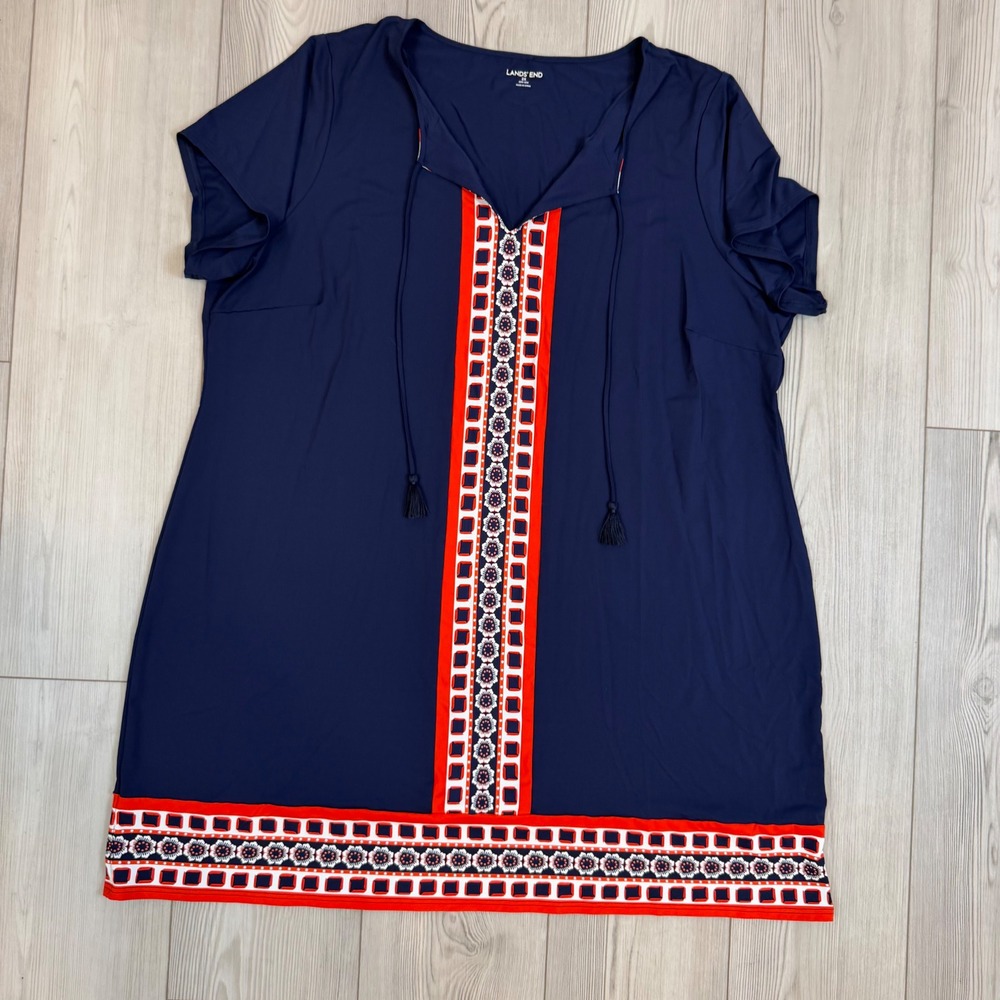 Lands' End Navy Blue Swim Tunic Cover-Up Red Geometric Border Tassels 2X 20W-22W - Picture 3 of 11
